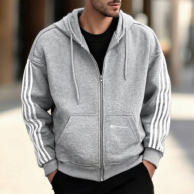Men's Hoodie Full Zip Hoodie Gray Hooded Stripes Zip Up Pocket Sports & Outdoor Daily Holiday Polyester Streetwear Basic Casual Spring Fall Clothing Apparel Hoodies Sweatshirts4