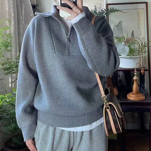 Women's Sweater Fashion Streetwear Casual Solid Color Ribbed Half Zip Knitted Long Sleeve Regular Tops Knit Outdoor Daily Weekend Gray Fall Winter4