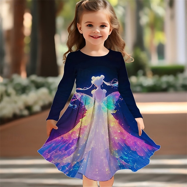  Tyttöjen 3D Piirretty Mekko Pitkähihainen Kesä Kevät Loma Päivittäin Pyhäpäivä Prinsessa Kaunis Makea Lapset 4-12 vuotta Rento mekko A linjainen mekko Polvipituinen Normaali