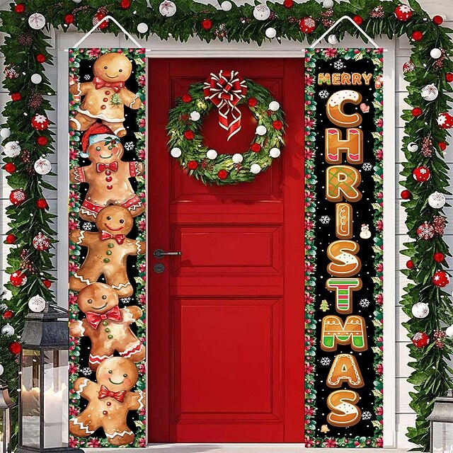 New Christmas Cartoon Gingerbread Leaf Series Door Couplets, Indoor and Outdoor Holiday Celebration Decoration, Festive Xmas Banner4