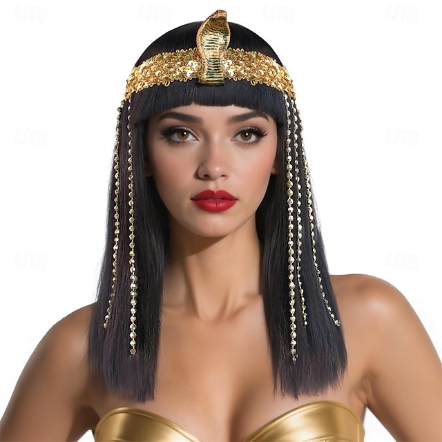  parrucca nera di Cleopatra, capelli neri bob con frangia per donne, parrucche da cosplay di Cleopatra, capelli corti e lisci bob, capelli e accessori per cosplay per costumi di Halloween.
