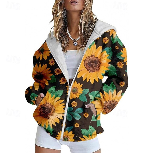 Women's Casual Jacket Comfortable Pocket Print Sports Fashion Outdoor Flower Casual Daily Weekend Zipper Regular Hooded Regular Fit Long Sleeve Outerwear Black Light Purple Purple Spring Fall4