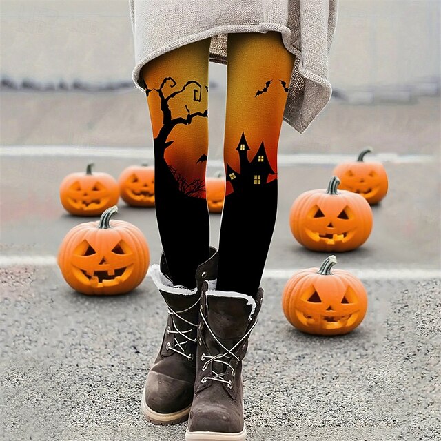 Women's Leggings Cozy Leggings Basic Casual Full Length High WaistPantsHalloween Graphic Tree Printing Thermal Warm Comfortable Stretchy Vacation Casual Daily Orange Fall Winter Slim Fit4