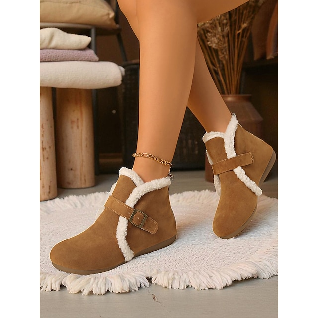  Bottines en similicuir marron pour femme, doublées de peau lainée et dotées d'une bride à boucle. Chaussures chaudes et décontractées pour l'hiver, idéales pour l'extérieur et les loisirs.