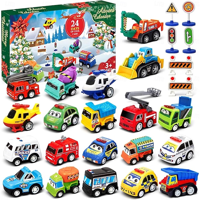  מלאי של מתנות קטנות ליומני ההמתנה של חג המולד 2025 לילדים בנים מתנת ספירת ימים לחג המולד עם מכוניות פ.Pull-Back 24 סט מכוניות מתנות לחג לילדים פעוטות בנים