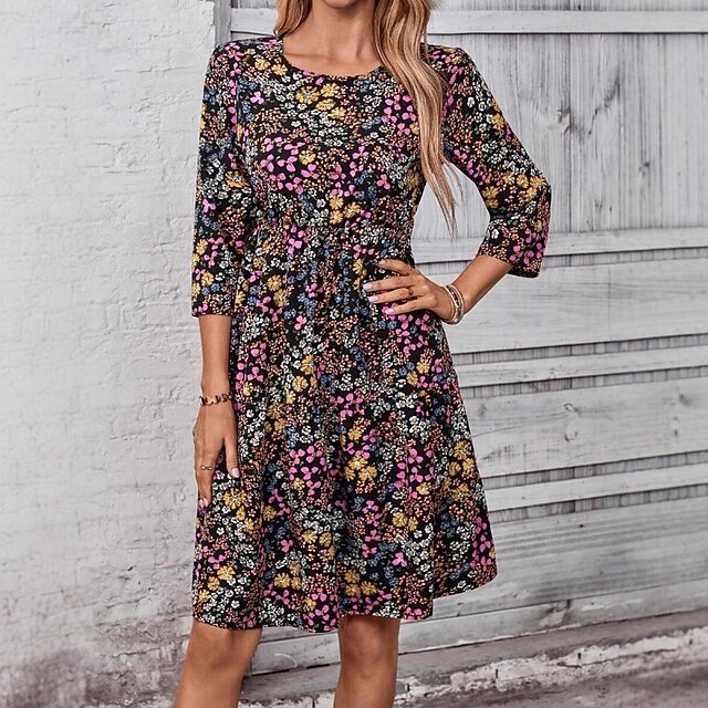Women's Mini Dress Floral Dress Print Dress Modern Outdoor Vacation Going out Regular Fit Floral 3/4 Length Sleeve Crew Neck Black Spring Fall4