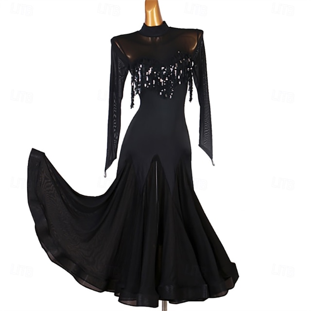  abito da ballo da sala nero da donna con dettagli in paillettes, maniche lunghe e gonna svasata: perfetto per balli latini, tango e performance