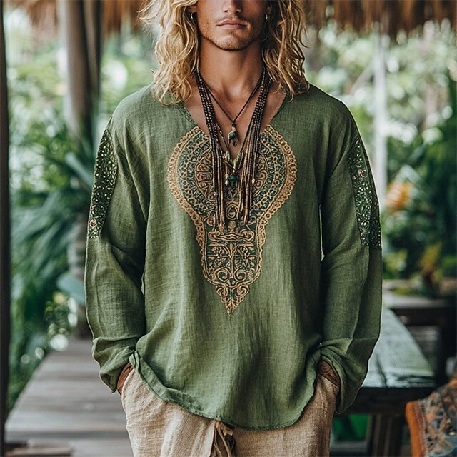 Men's Linen Shirt Summer Shirt Vintage Shirt Ethnic Shirt Long Sleeve Shirt Boho Vacation Street Green Long Sleeve V Neck Summer Spring Clothing Apparel Ethnic4