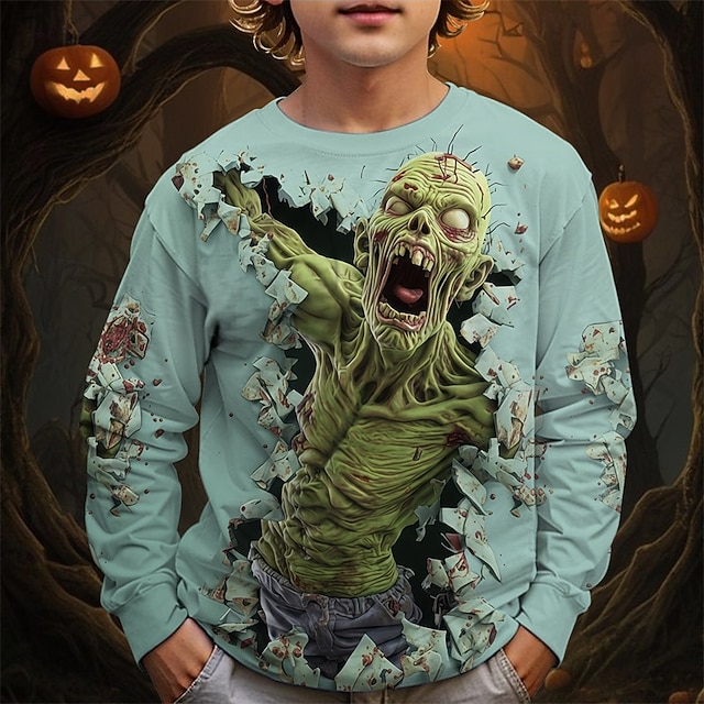  Halloween pojkars t-shirt med 3D-dödskalle långärmad vår höst mode grundläggande barn 4-12 år rund hals utomhus casual daglig normal passform