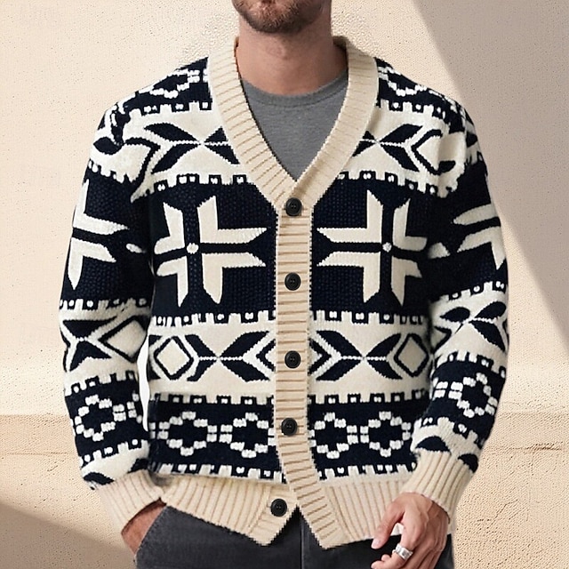 Herren Fair-Isle-Pullover Strickjacke V Ausschnitt Lässig Schule Urlaub Täglich 3D-Druck warm halten Langarm Frühling Herbst Winter Schwarz