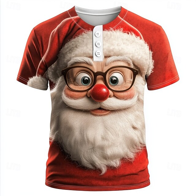 Men's Christmas Santa Claus T Shirt Henley Shirt Short Sleeve Designer Retro Vintage Street Casual Daily Summer Spring Winter Red Henley Henley T-Shirt4