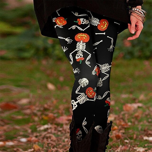 Women's Leggings Cozy Leggings Basic Casual Full Length High WaistPantsHalloween Skull Pumpkin Printing Thermal Warm Comfortable Stretchy Vacation Casual Daily Black Fall Winter Slim Fit4