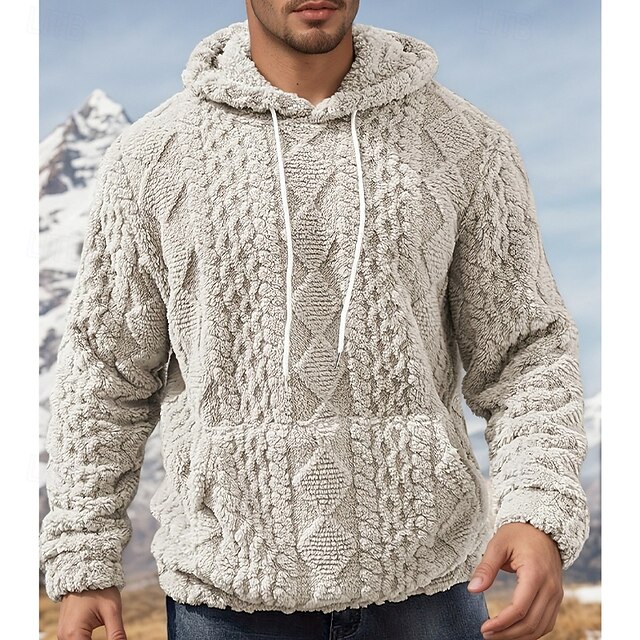 Men's Jacquard Hoodie Fleece Hoodie Beige Hooded Plain Patchwork Color Block Textured Sports & Outdoor Casual Daily Streetwear Cool Sportswear Winter Clothing Apparel Hoodies Sweatshirts4
