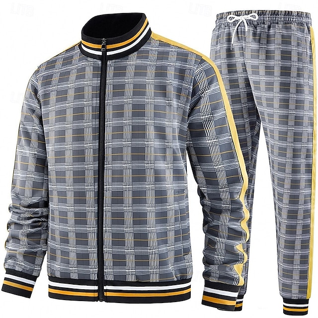  Herr Rutig Geometrisk 2st 3D-tröja set Träningsoverall Zip Up sweatshirts Långärmad Långa byxor Hög krage Sportig Utomhus Semester Sport Tryckt Dragkedja Vår Höst Grå Marinblå Ljusblå