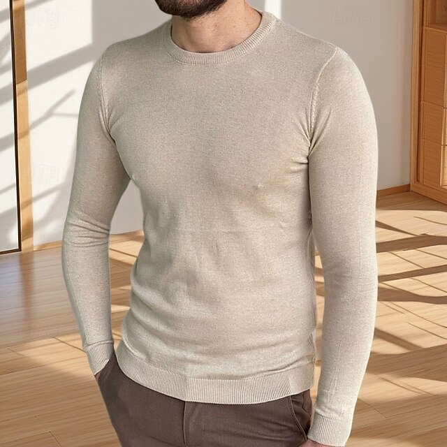 Men's Sweater Pullover Sweater Jumper Ribbed Knit Regular Tops Knitted Basic Plain Crew Neck Knitwear Contemporary Casual Daily Wear Clothing Apparel Spring Fall Khaki M L XL4
