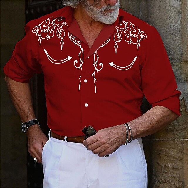 Men's Shirt Summer Shirt Casual Shirt Beach Shirt Button Up Shirt White Red Long Sleeve Flocking Lapel Vacation Hawaiian Print Clothing Apparel Polyester Fashion Casual Comfortable3
