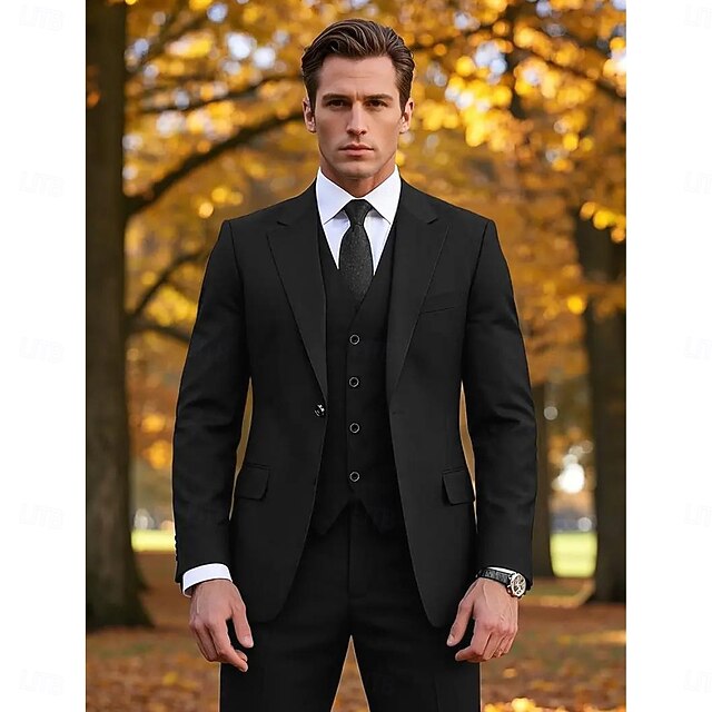 Men's Wedding Casual Business Suits Notch Lapel Black Daily Formal Solid Colored Slim Fit 3 Piece Single Breasted One-button4