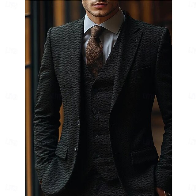 Men's Wedding Business Tweed Suits Peaked Lapel Black Formal Herringbone Slim Fit 3 Piece Single Breasted Two-buttons4