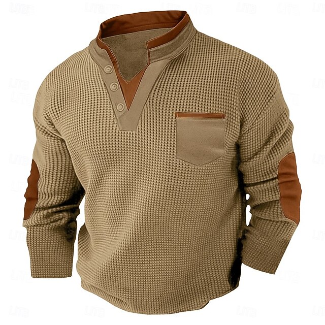 Men's Waffle Tee Waffle Henley Shirt Long Sleeve Henley Fall Spring &  Fall Solid Color Fashion Basic Casual Drawstring Pocket Vacation Home Street Black Gray Red Top Tee for Men4