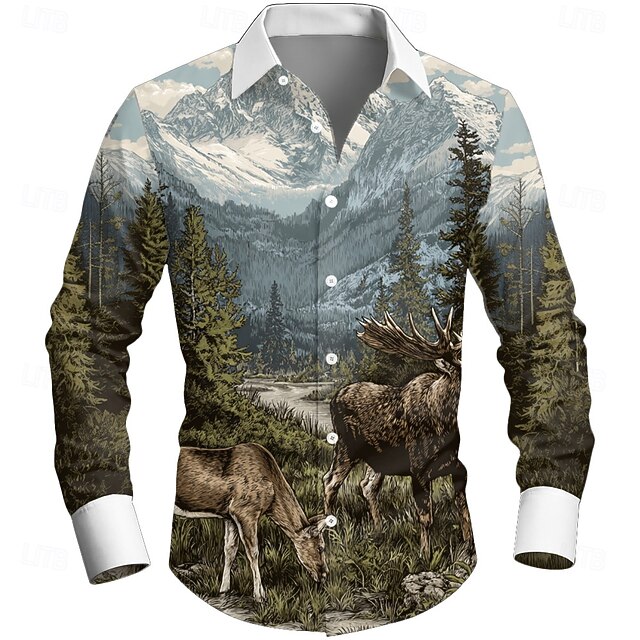 Men's Wildlife Forest Moose Shirt Button Up Shirt Long Sleeve Vintage Retro Outdoor Camping & Hiking Hunting Spring Fall Turndown 3D Print Collared Shirts Blue4