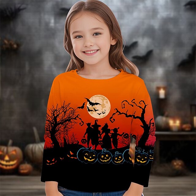 Halloween Girls' 3D Pumpkin Bat T shirt Tee Long Sleeve Spring Fall Fashion Basic Kids 4-12 Years Crew Neck Outdoor Casual Daily Regular Fit4