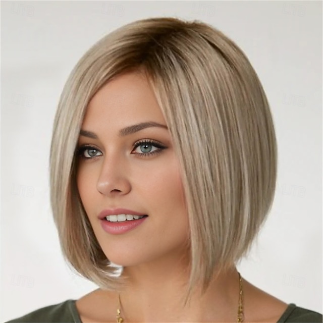  Dámská popelavě blond ombre rovná bob paruka s tmavými odrosty, přirozeně vypadající, realistické syntetické vlasy, tepelně odolná krátká, elegantní, pro denní nošení, módní styl