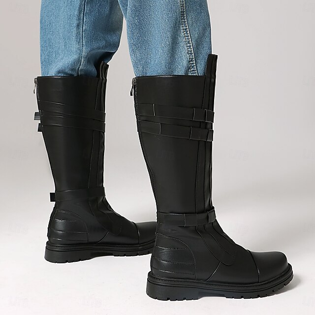Men's Brown Strapped Knee-High Boots – Rugged Style with Bold Straps ...