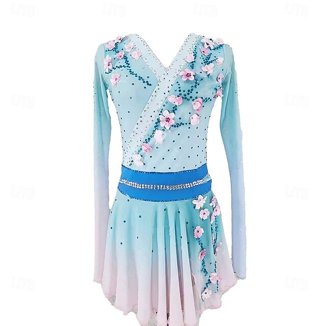 Figure Skating Dress Women's Girls' Ice Skating Dress Sky Blue Patchwork Asymmetric Hem Spandex High Elasticity Training Professional Competition Skating Wear Classic Crystal / Rhinestone Long Sleeve4