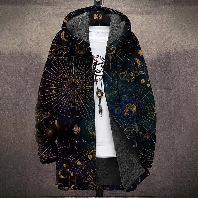 Men's Viking Winter Coat Fleece Jacket Coat Thermal Warm Comfortable Vintage Casual Daily Wear Zipper Pocket 3D Print Fall Winter Hooded Long Sleeve Black4