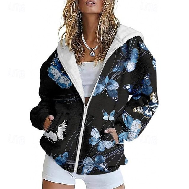 Women's Casual Jacket Comfortable Pocket Print Sports Fashion Outdoor Butterfly Casual Daily Weekend Zipper Regular Hooded Regular Fit Long Sleeve Outerwear Black Sky Blue Spring Fall3