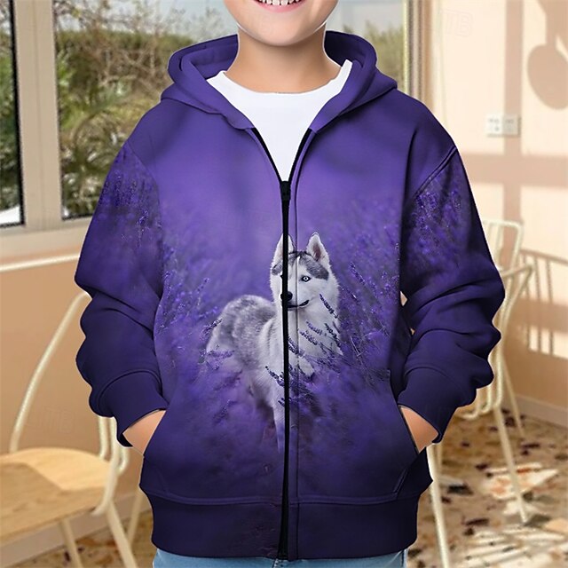 Boys' 3D Animal Wolf Hoodie Coat Outerwear Long Sleeve Spring Fall Adorable Sport Kids 4-12 Years Zip Street Daily Regular Fit4