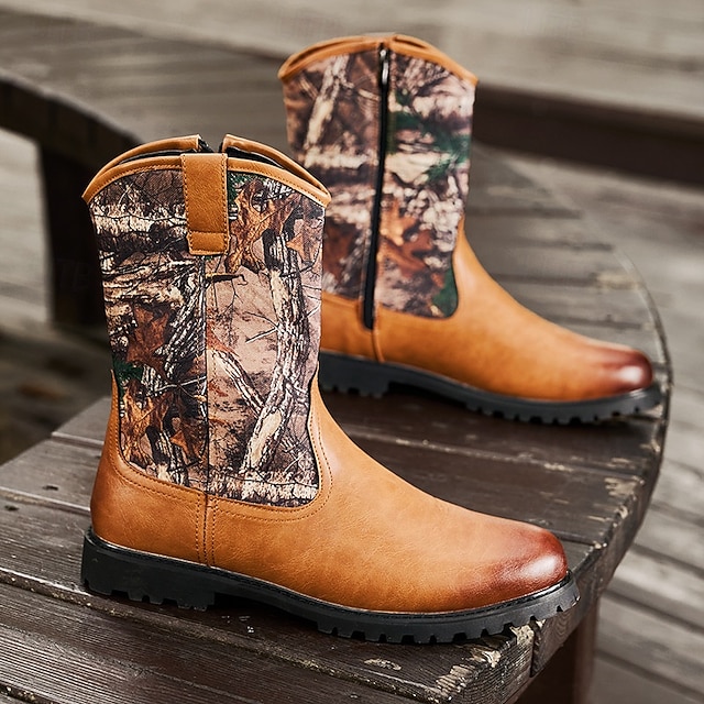  Pánské kovbojské westernové boty s maskáčovým potiskem – odolné jezdecké boty z umělé kůže do poloviny lýtek pro outdoor, rodeo a běžné nošení