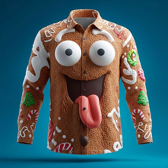 Navidad Hombre Dibujo 3D Cara de la sonrisa hombre de pan de jengibre Camisa Abotonar la camisa Manga Larga Gracioso Exterior Festivos Primavera Otoño Cuello Vuelto Impresión 3D camisas con cuello