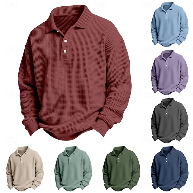  男性用 ワッフルポロシャツ ゴルフシャツ カジュアル 祝日 ラペル 長袖 クール 平織り クラシック 秋 春 & 秋 オールシーズン レギュラー ホワイト ライトグリーン ライトブルー ルビーレッド ネイビーブルー パープル ワッフルポロシャツ