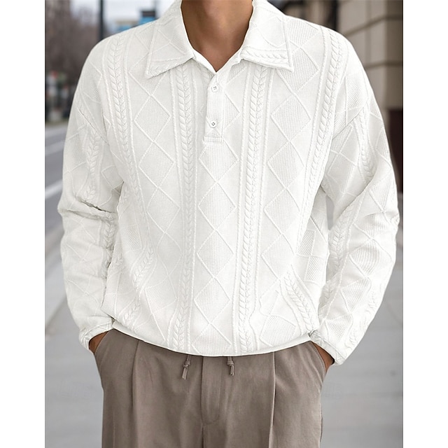  رجالي قميص الجولف قمصان بولو الجولف عمل فضفاض Lapel كم طويل أساسي الحديث سهل قماش الجاكار Buttons الربيع الخريف عادي أبيض قميص الجولف