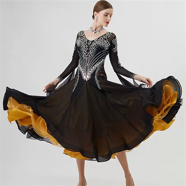 Robe De Danse De Salon Pour Femme En Maille Strass Manches Longues robe-de-danse-de-salon-pour-femme-en-maille-strass-manches-longues