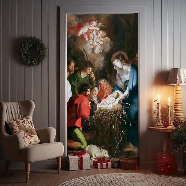 Christmas Door Cover Winter Holiday Decoration Drapes with Jesus Nativity Scene Print for Home Entryway Living Room Bedroom Indoor Outdoor Festive Seasonal Religious Home Decor4