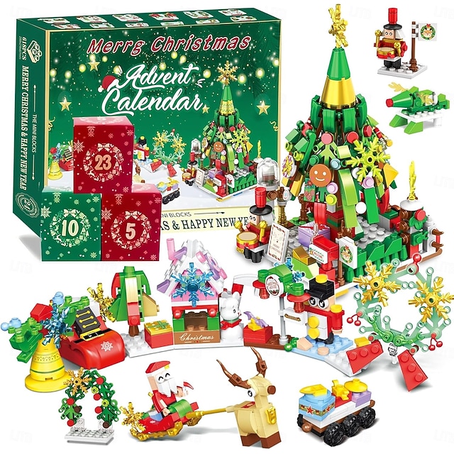 Kerst adventskalender met bouwstenen voor kinderen, kerst aftelcadeau, 2025 kerstboom bouwspeelgoedset met warme lampjes, 24 dagen aftelkalender voor de feestdagen, 24-in-1 creatieve stenenset voor