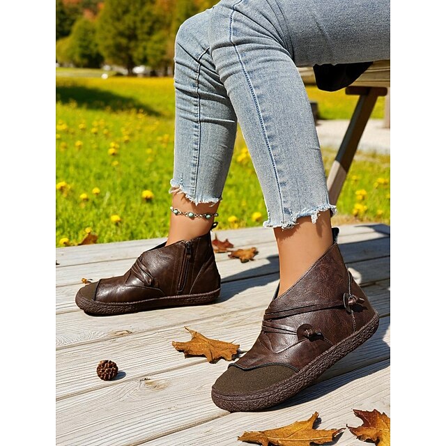  Ghete vintage din piele ecologică pentru femei, culoarea cafelei, cu fermoar lateral – ghete confortabile pentru ținute casual, plimbări în aer liber și ținute de zi cu zi