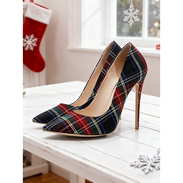  נעלי עקב משובצות סטילטו לנשים, נעלי עקב טרטן קלאסיות עם בוהן מחודדת למסיבות חג המולד, תלבושות לחג &חגיגות חורף