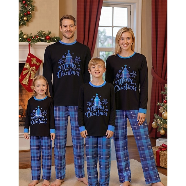  ファミリールック クリスマス クリスマスファミリーパジャマ パジャマ ファミリーセット グラフィック チェック スノーフレーク柄 家 プリント ブルー 長袖 日常 マッチング衣装
