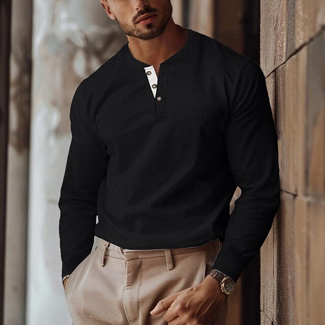 Men's Henley Shirt Tee Long Sleeve Henley Collar Henley Summer Spring All Seasons Solid Color Plain Vintage Fashion Retro Pocket 2 in 1 Buttons Outdoor Vacation Causal Black Blue Pink Top Tee for Men4