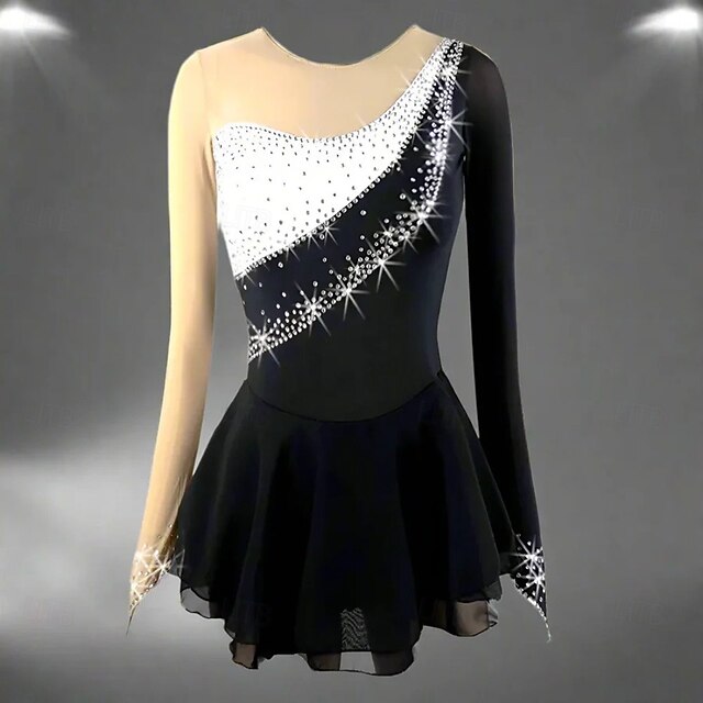 Figure Skating Dress Women's Girls' Ice Skating Dress Black White Patchwork High Elasticity Training Competition Skating Wear Classic Crystal / Rhinestone Long Sleeve Ice Skating Figure Skating4