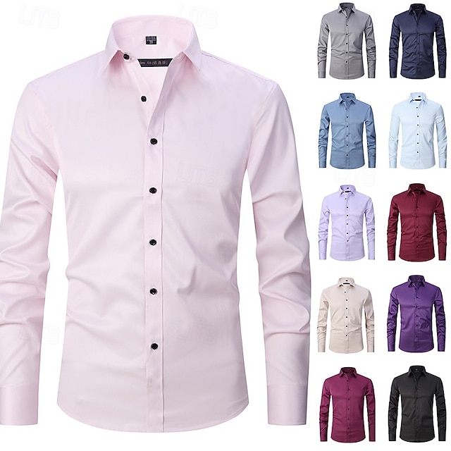  Homens Camisa Social Saia Camisa não de ferro Camisas de smoking Tecido Formal Casamento Preto Branco Rosa Vinho Manga Longa Lapela Primavera & Outono Todas as Estações Roupa