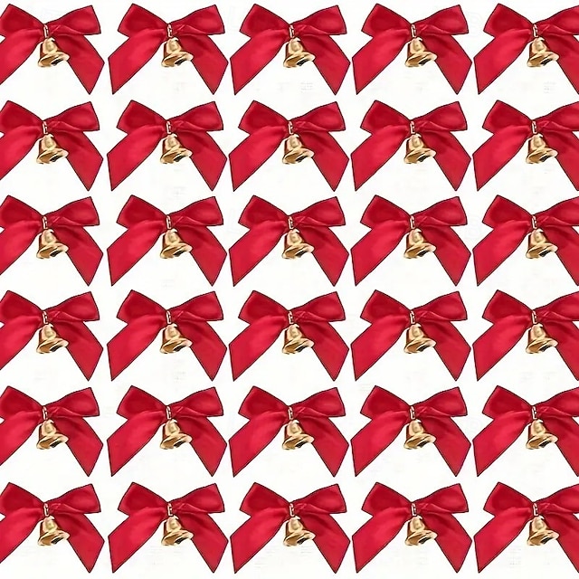  30pcs Christmas Ribbon Bows Ornaments Xmas Tree Decorations – Red Satin Mini Bows with Bells, Handmade, Shiny Metallic Accents, Perfect for Gifts, Party and Holiday Decor