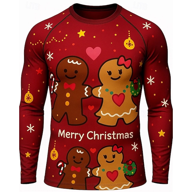  Weihnachten Herren Lauf-T-Shirt Fitnessshirt Trainingsshirt 3D-Druck Langarm Oberteil Straße Lässig Herbst Grafik Schweißableitend Atmungsaktiv sportlich Sportbekleidung Sportkleidung Rote