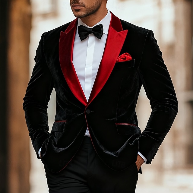  Herre Blazer jakke ملابس السهرة للرجال Formell Bryllup Jul Lomme Jul Fest Høst vinter Alle årstider Fløyel Ensfarget Grunnleggende Enkelt Brystet Enn-knapp Blazer Svart