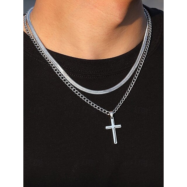  Collar con colgante de cruz de acero inoxidable para hombre, cadena de joyería de moda duradera, elegante regalo cristiano para Navidad, fiestas y uso diario.