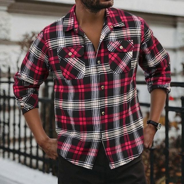 Bărbați Plisat Cămașă de flanel Cămașă peste Manșon Lung Cămașă Răsfrânt Stradă Zilnic Imprimeu Galben Deschis Roșu+Gri+Negru Negru + Gri închis + Albastru bleumarin Albastru piscină Portocaliu Buton