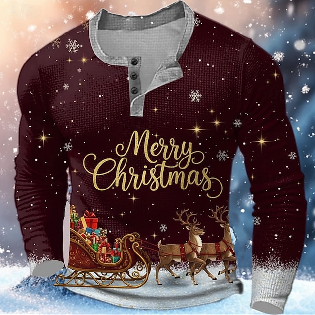 Voor heren Kerstmis Grafisch Wafel Henley-shirt Informele stijl Klassieke Stijl  Lange mouw Modieus Ontwerper Basic Buiten Casual Dagelijks Winter Lente & Herfst Blauw Bordeaux Paars Henley